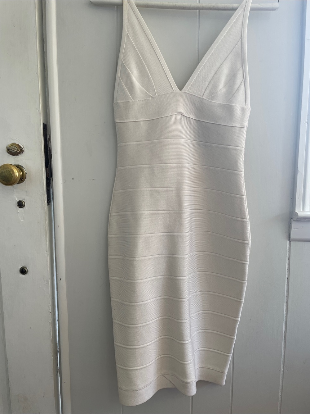 Herve Leger Ivory V-Neck Bandage Midi Dress